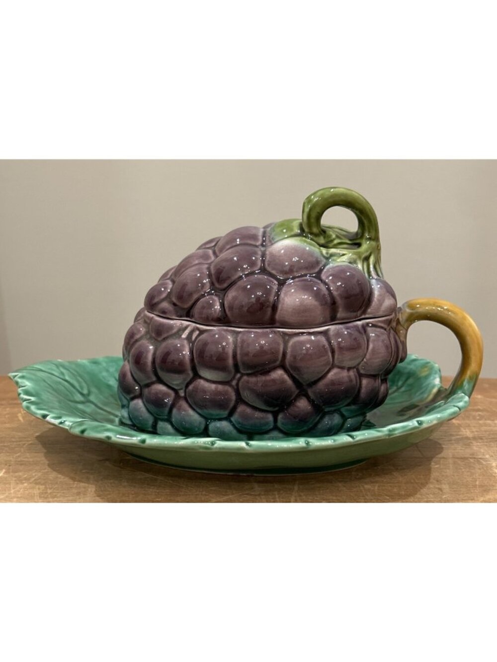 Vintage Majolica Sarreguemines France Lidded Grapes Dish on Leaf Underplate